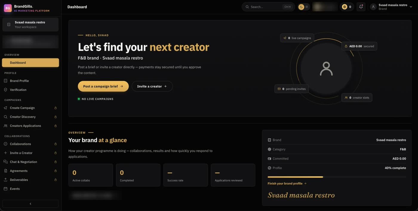 The BrandGills brand dashboard: Let's find your next creator, with Post a campaign brief and Invite a creator buttons and a brand overview