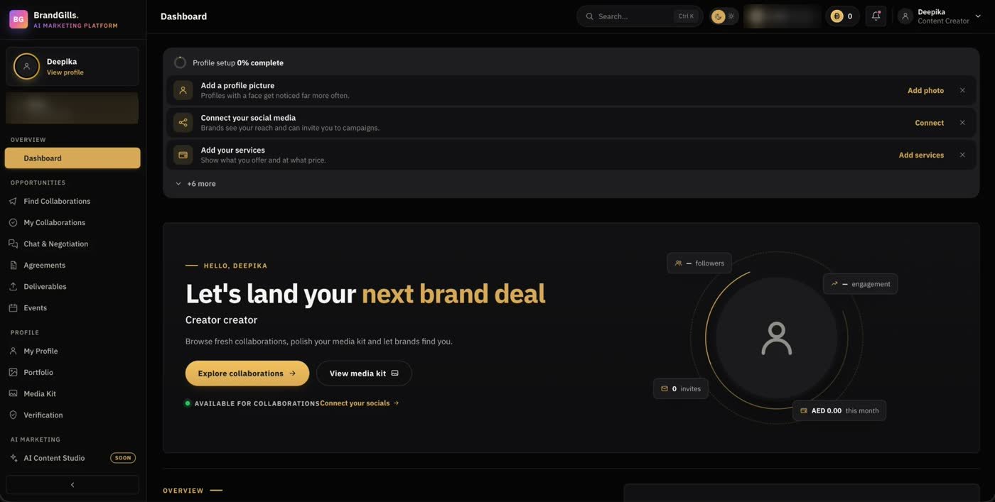 The BrandGills creator dashboard: profile setup steps, Find Collaborations and Chat in the sidebar, and a Let's land your next brand deal panel